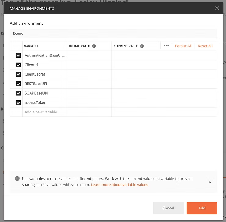 Postman environment configuration